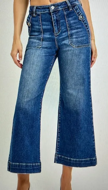 High Rise Ankle Wide Leg Patch Front Pocket Jeans Dark