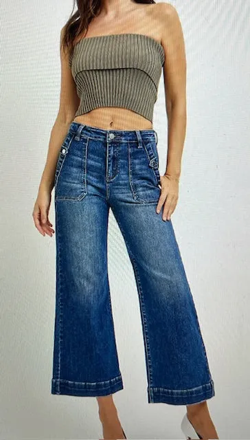High Rise Ankle Wide Leg Patch Front Pocket Jeans Dark