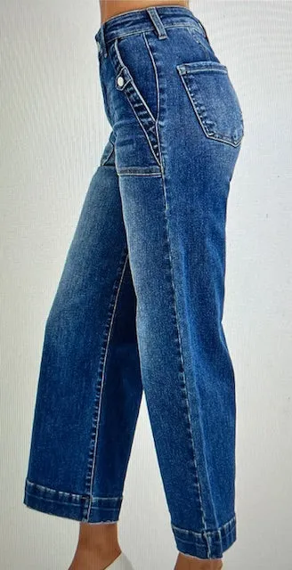 High Rise Ankle Wide Leg Patch Front Pocket Jeans Dark