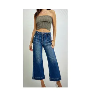 High Rise Ankle Wide Leg Patch Front Pocket Jeans Dark