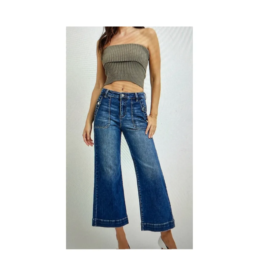 High Rise Ankle Wide Leg Patch Front Pocket Jeans Dark