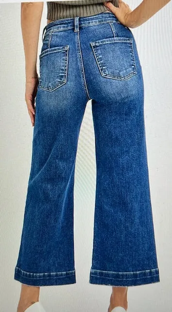 High Rise Ankle Wide Leg Patch Front Pocket Jeans Dark