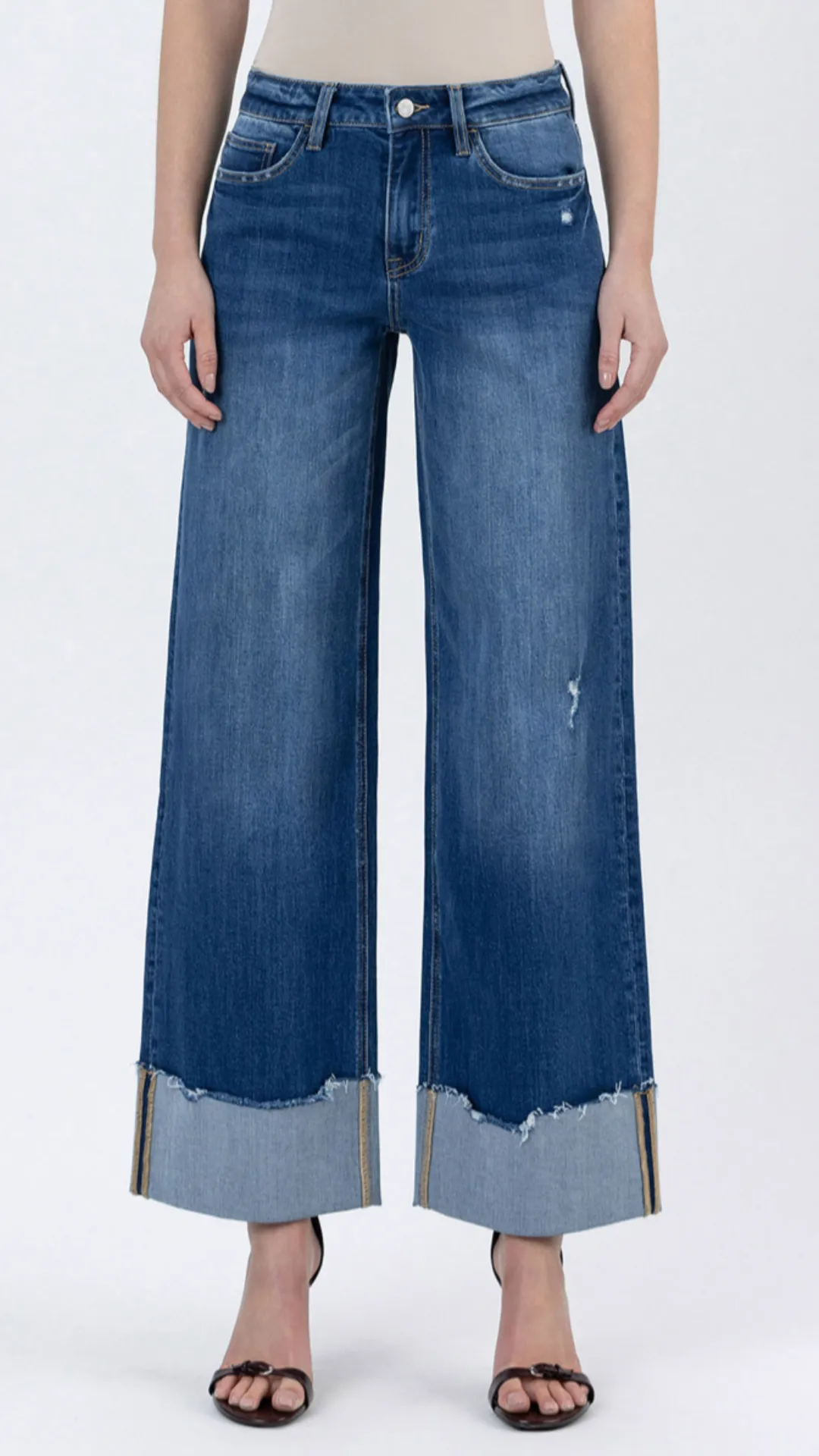 High Rise Dark Wash Cuffed Baggy Wide Leg Jeans