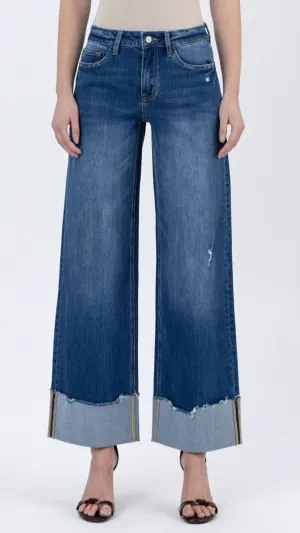 High Rise Dark Wash Cuffed Baggy Wide Leg Jeans