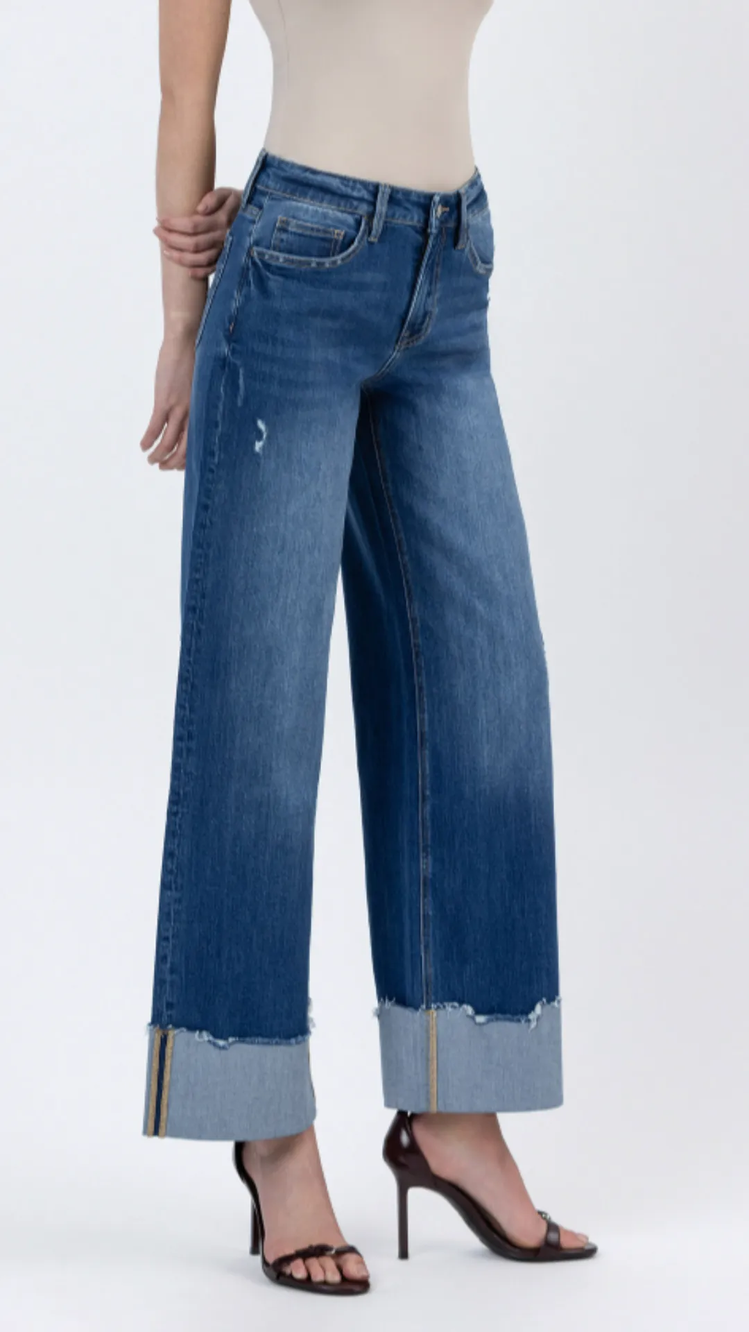 High Rise Dark Wash Cuffed Baggy Wide Leg Jeans