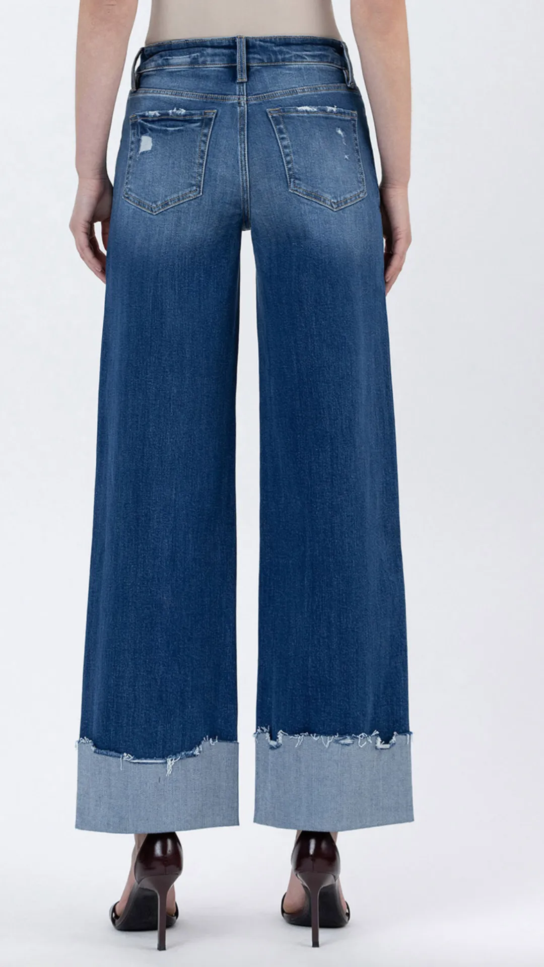 High Rise Dark Wash Cuffed Baggy Wide Leg Jeans