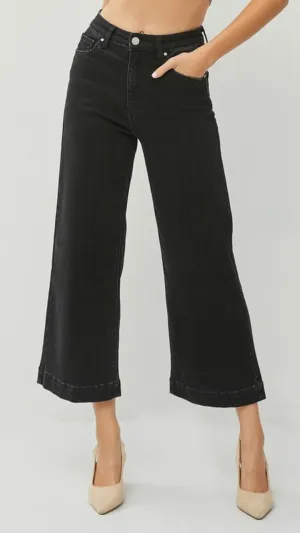 High Rise Jet Black Ankle Wide Leg Jeans