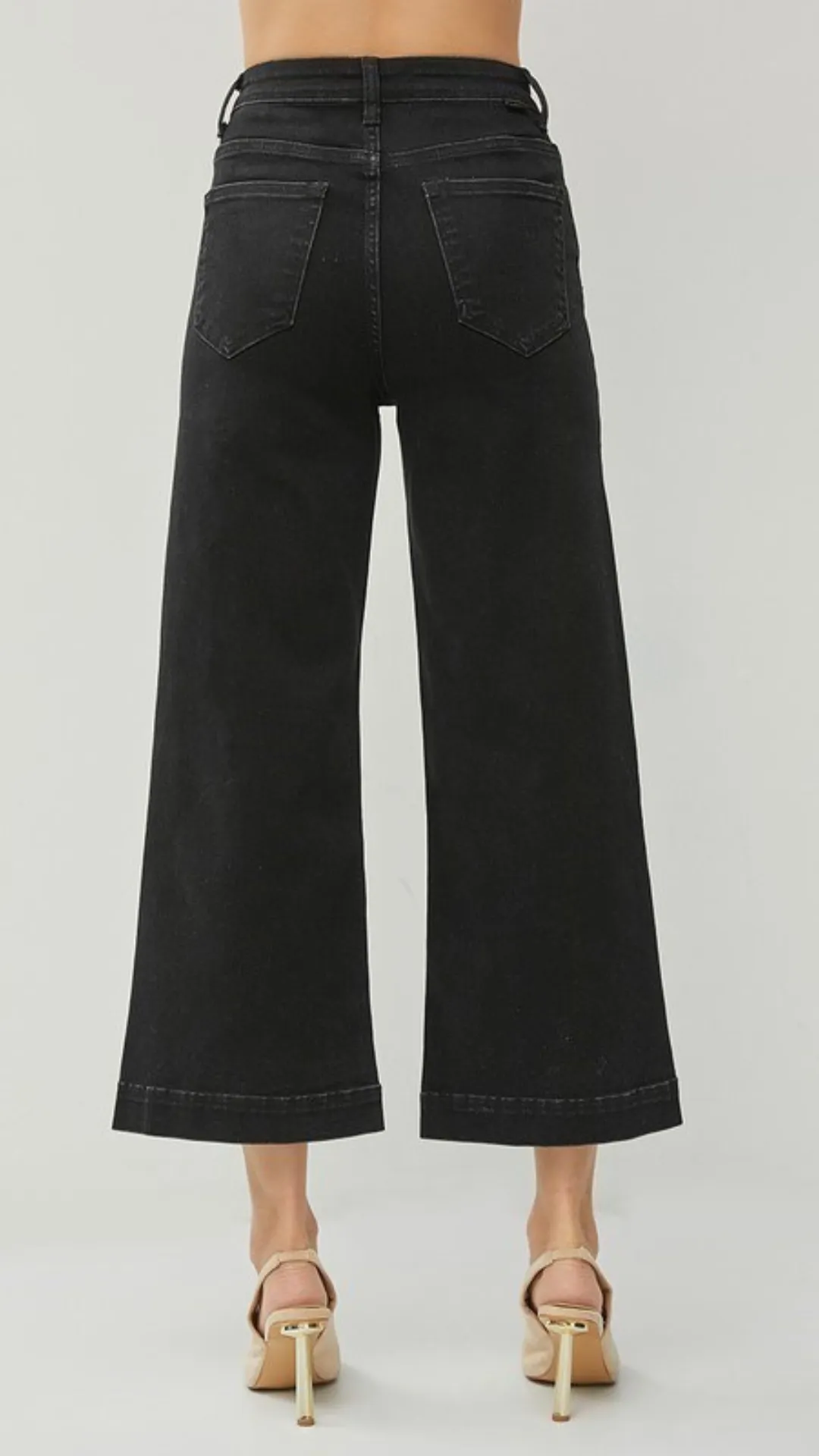 High Rise Jet Black Ankle Wide Leg Jeans