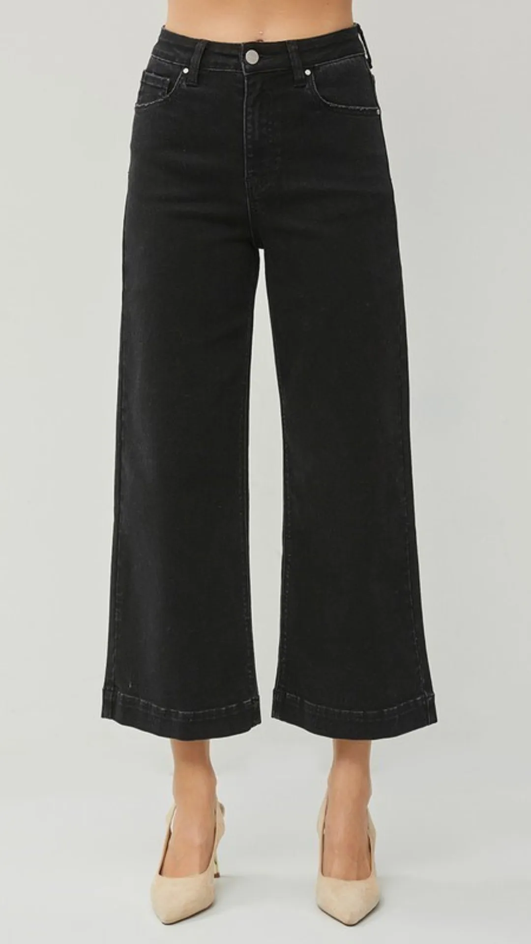 High Rise Jet Black Ankle Wide Leg Jeans