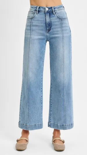 High Rise Light Wash Crop Wide Leg Jeans With Seam Detail