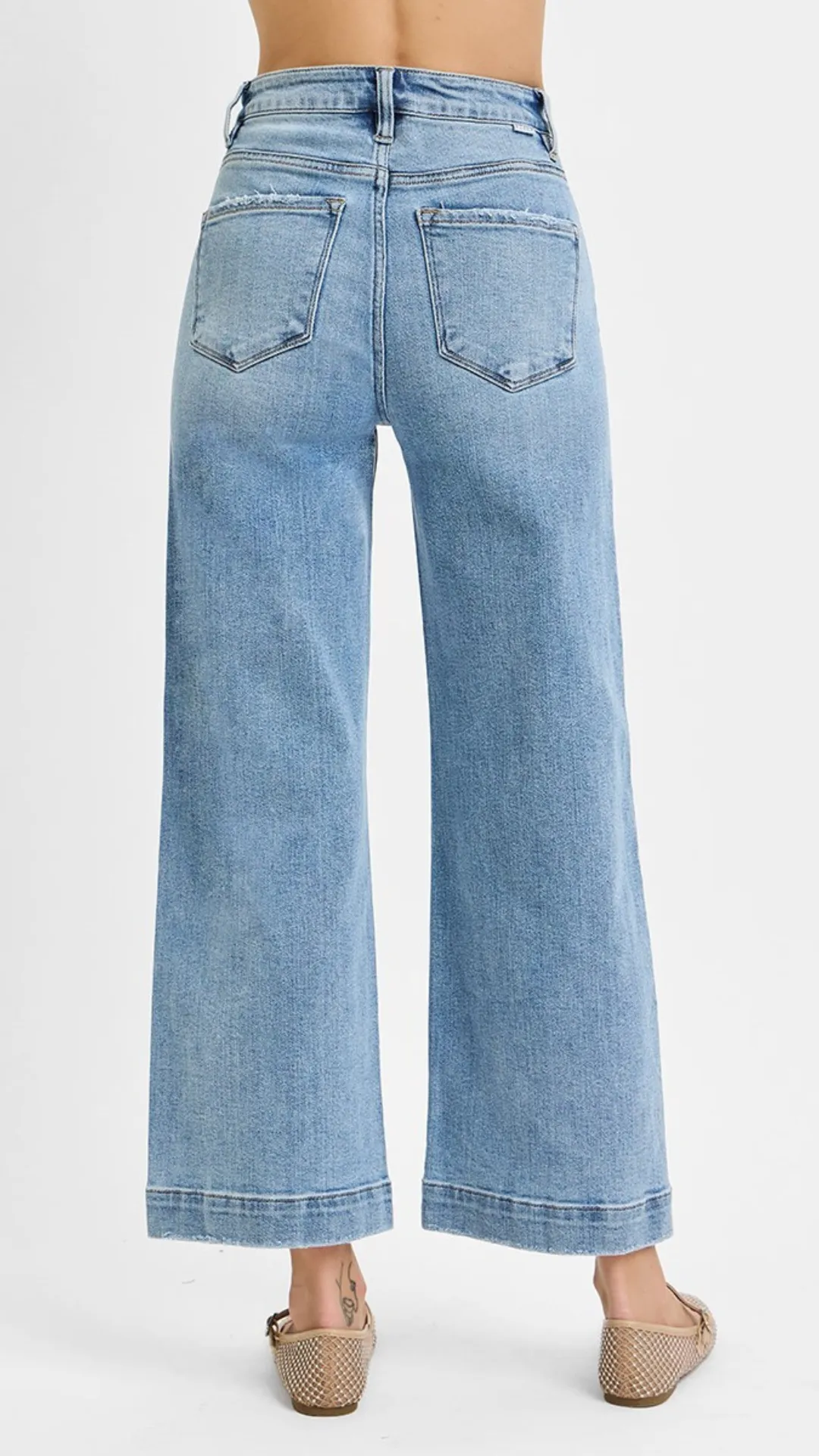 High Rise Light Wash Crop Wide Leg Jeans With Seam Detail