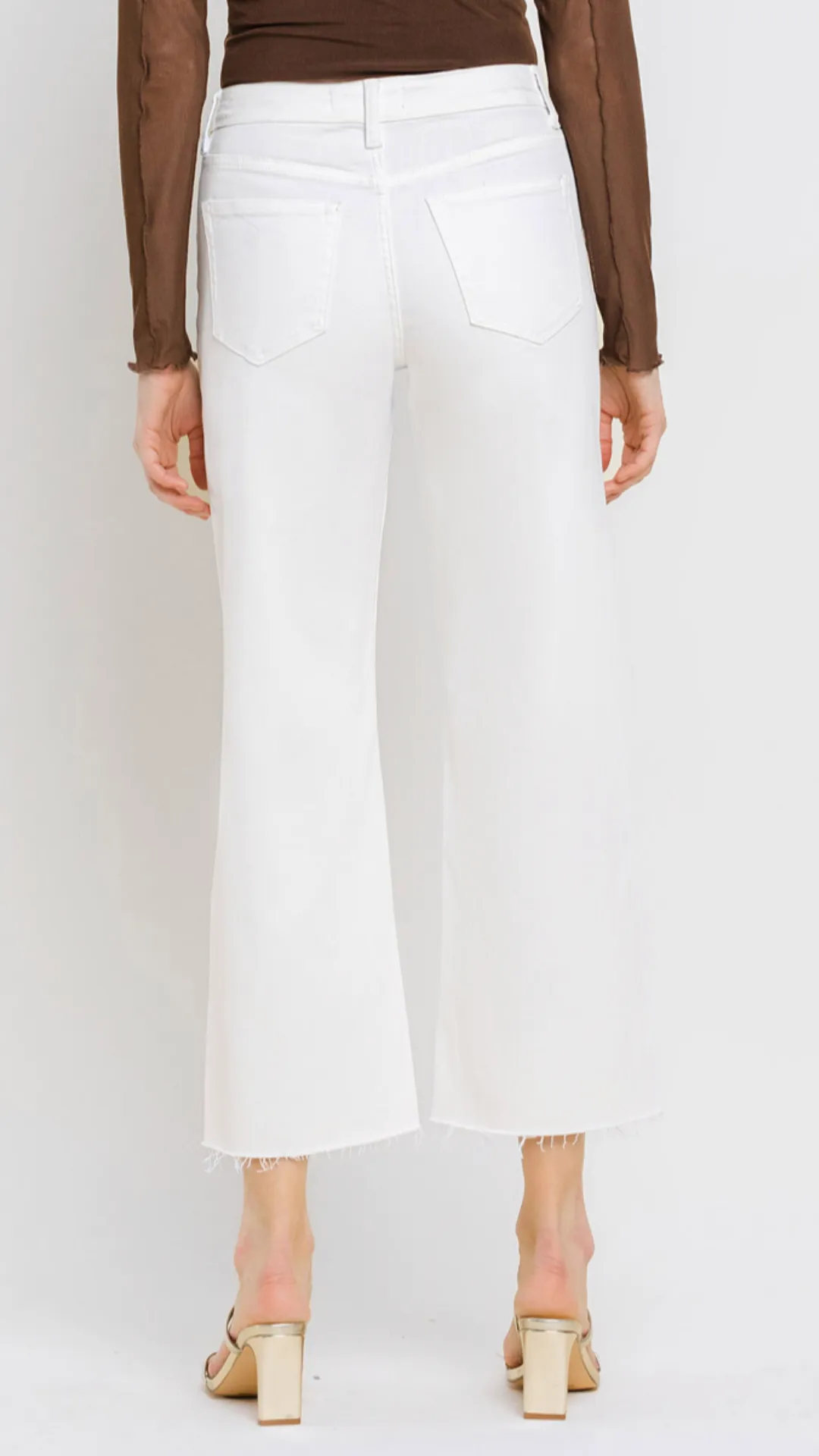 High Rise White Raw Hem Wide Leg Jeans