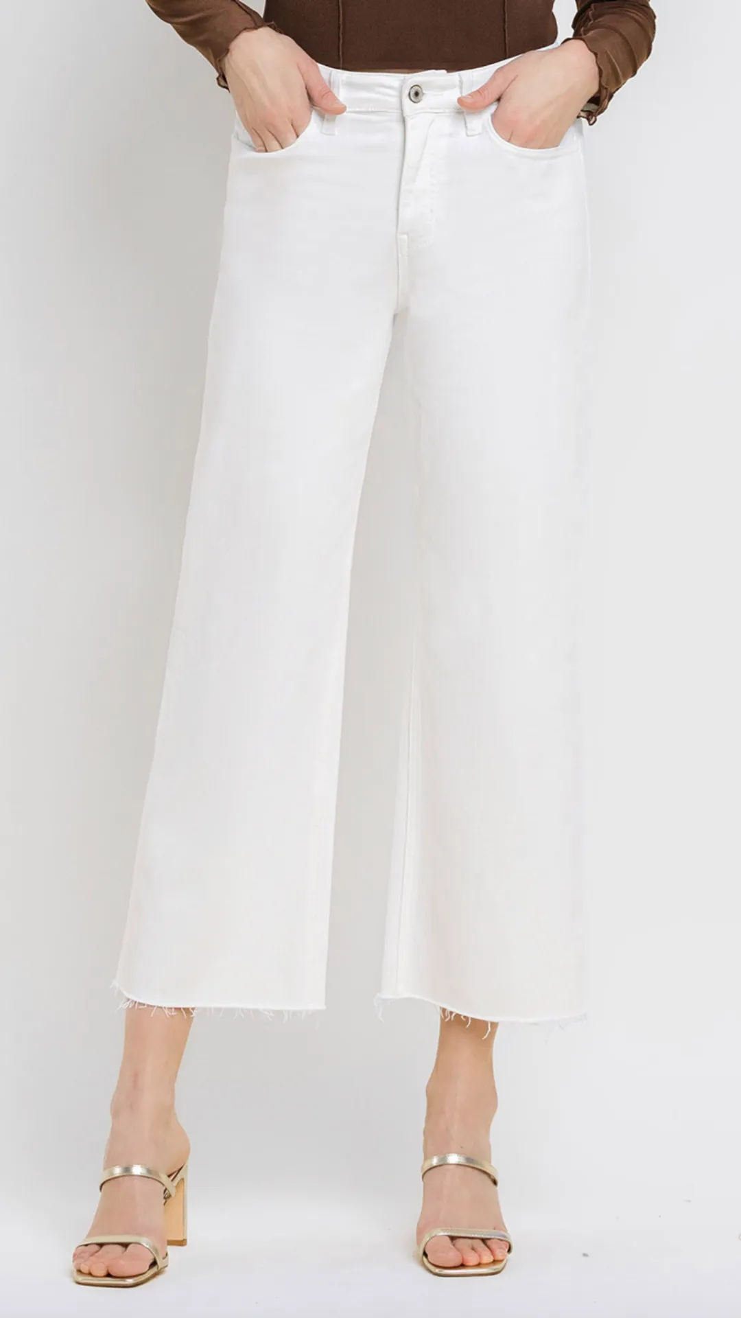 High Rise White Raw Hem Wide Leg Jeans