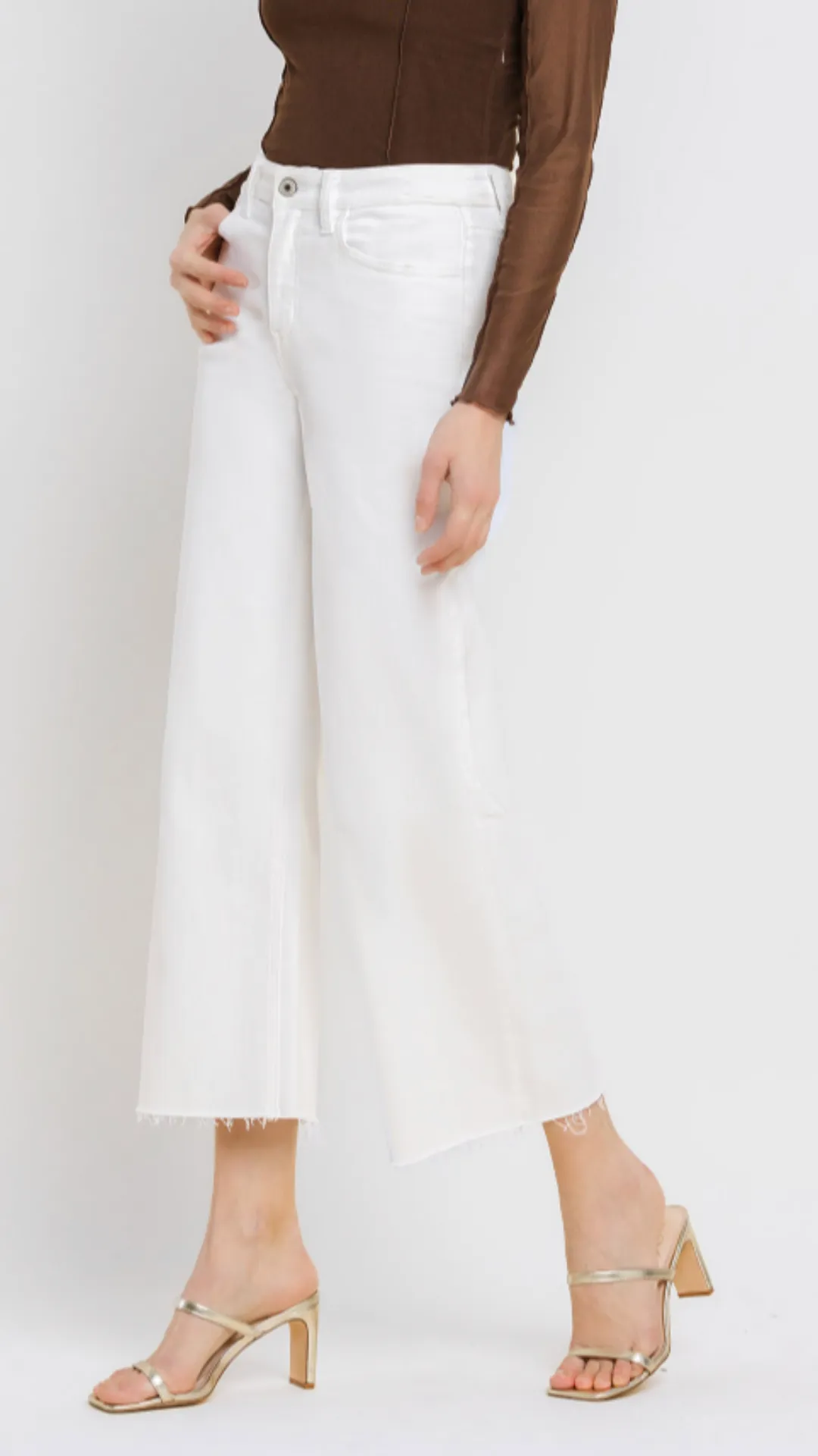 High Rise White Raw Hem Wide Leg Jeans