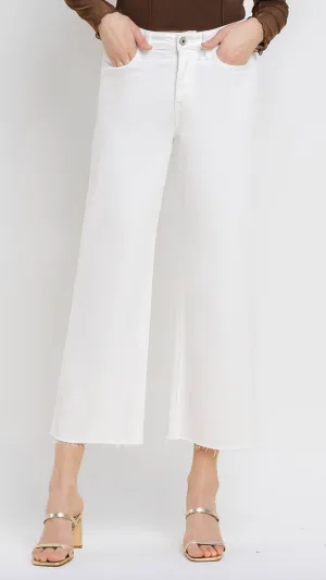 High Rise White Raw Hem Wide Leg Jeans