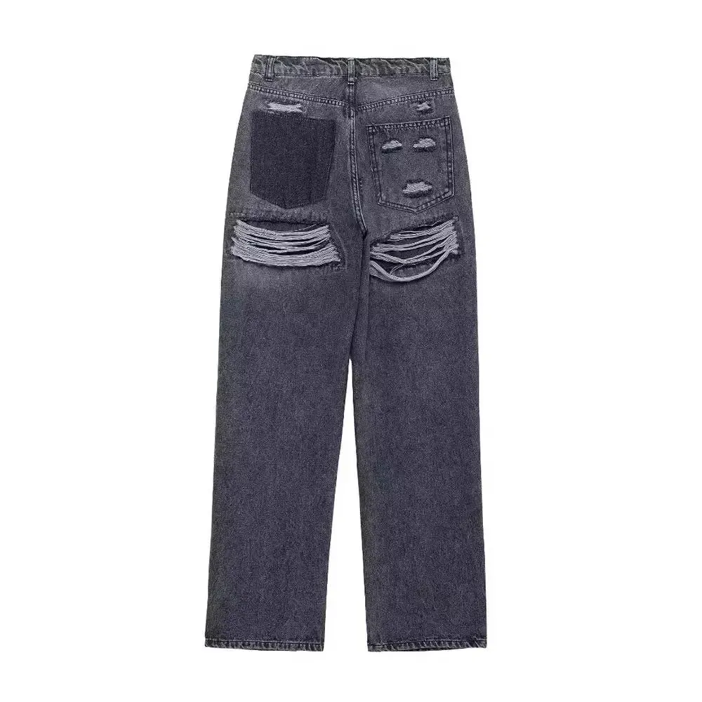 High Waist Denim Patchwork Pants Distressed Ripped Jeans