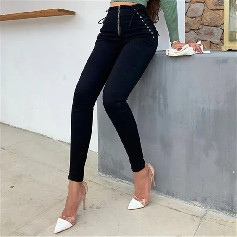 High Waist Lace Up Skinny Jeans