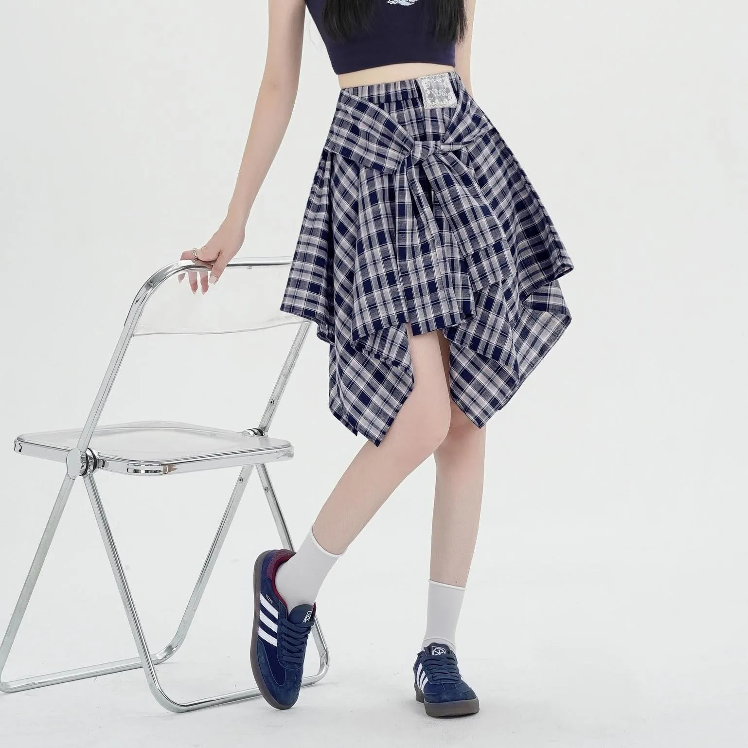 High-Waisted A-line Skirt in Trendy Checkered Design