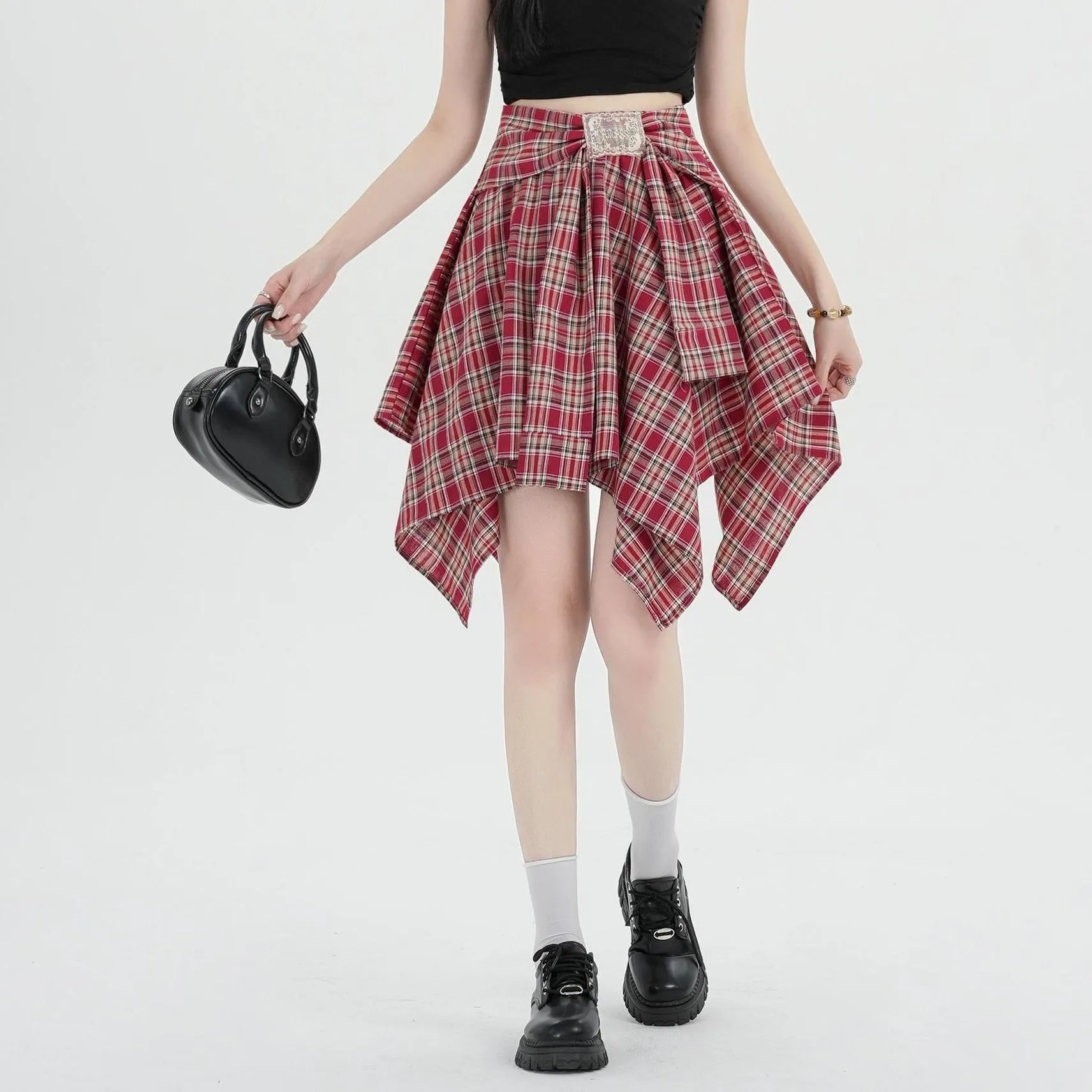 High-Waisted A-line Skirt in Trendy Checkered Design