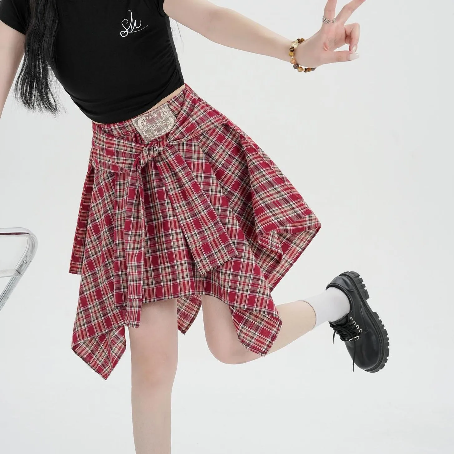 High-Waisted A-line Skirt in Trendy Checkered Design