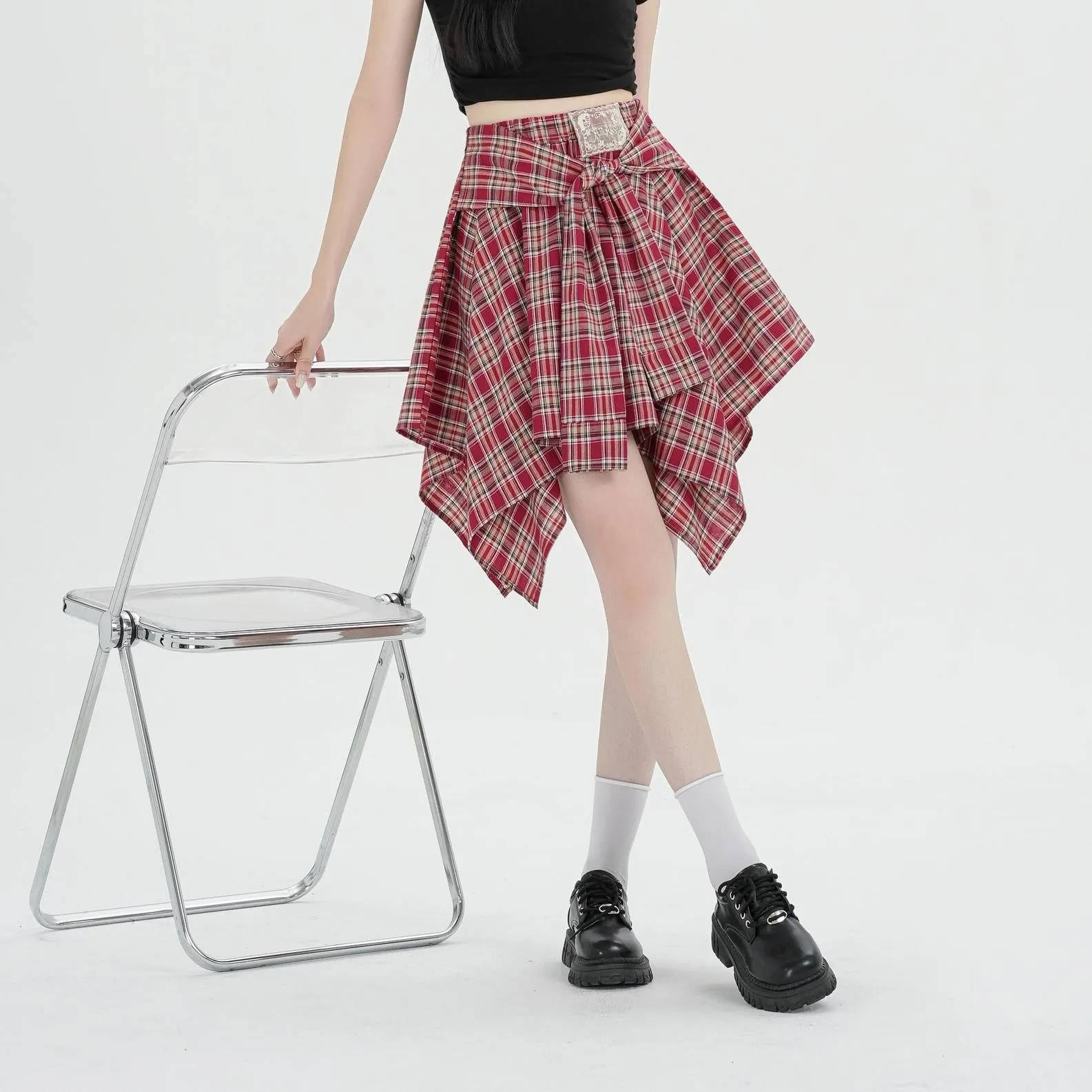 High-Waisted A-line Skirt in Trendy Checkered Design