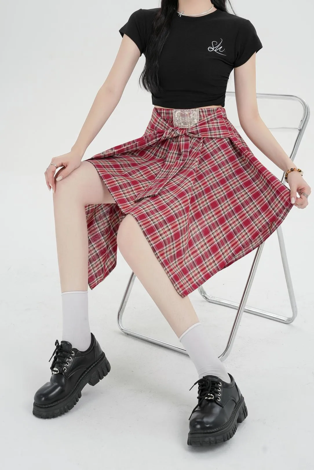 High-Waisted A-line Skirt in Trendy Checkered Design