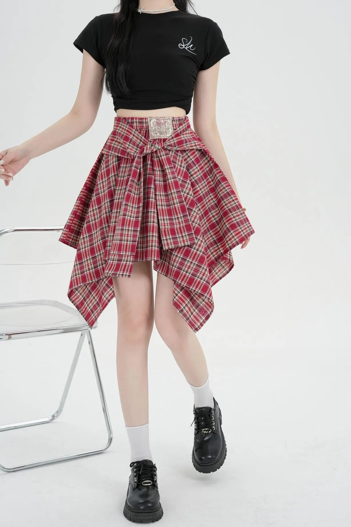High-Waisted A-line Skirt in Trendy Checkered Design