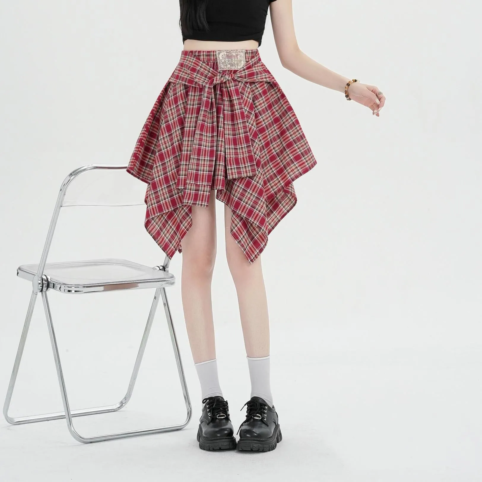 High-Waisted A-line Skirt in Trendy Checkered Design