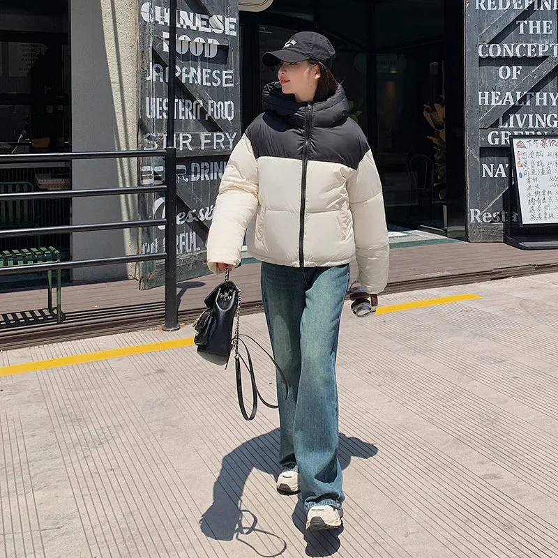 Hooded Water-resistant Puffer Jacket with Patchwork for Women