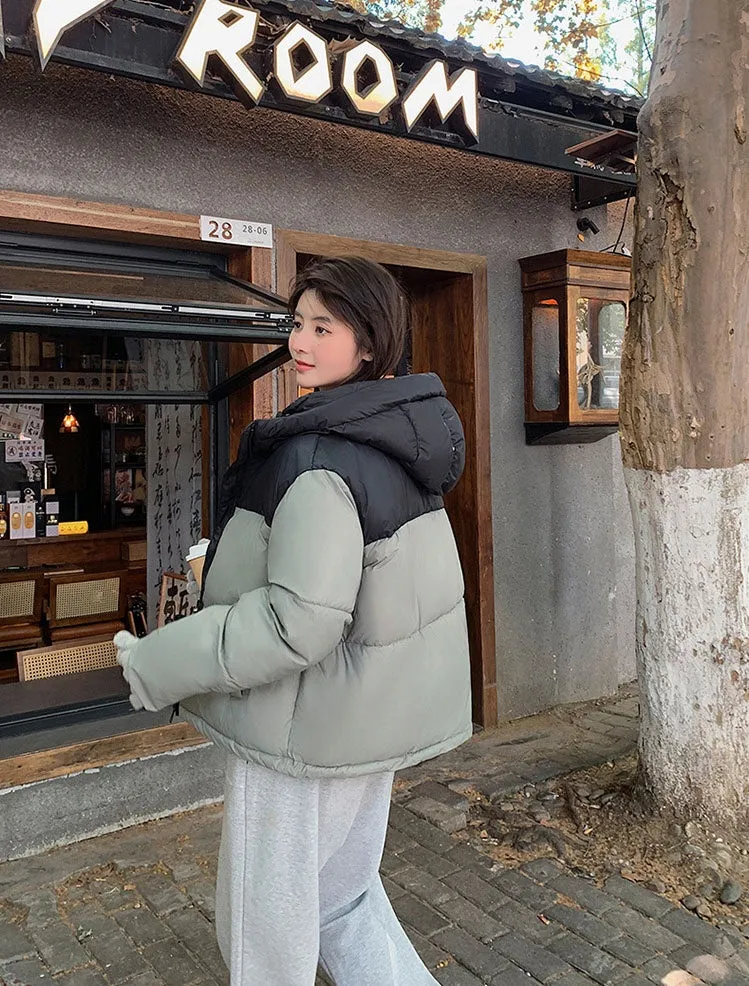 Hooded Water-resistant Puffer Jacket with Patchwork for Women