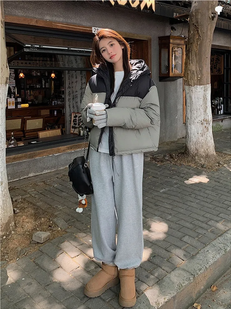 Hooded Water-resistant Puffer Jacket with Patchwork for Women