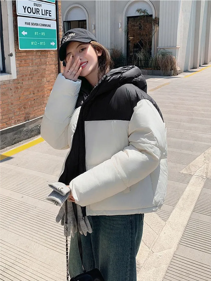 Hooded Water-resistant Puffer Jacket with Patchwork for Women