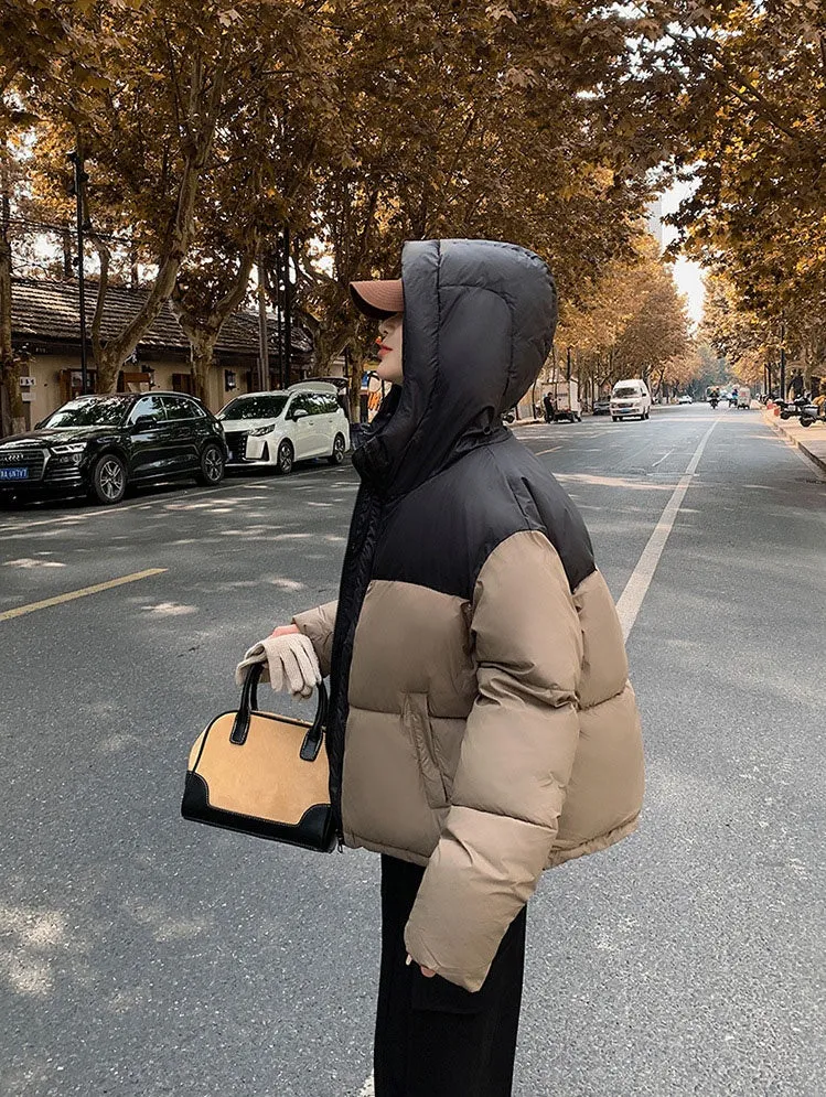 Hooded Water-resistant Puffer Jacket with Patchwork for Women