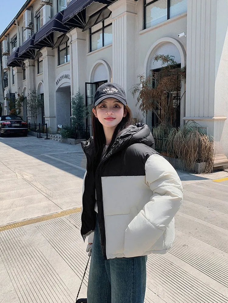 Hooded Water-resistant Puffer Jacket with Patchwork for Women