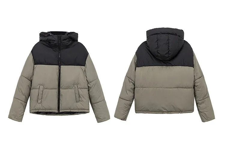Hooded Water-resistant Puffer Jacket with Patchwork for Women