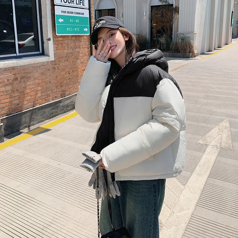 Hooded Water-resistant Puffer Jacket with Patchwork for Women