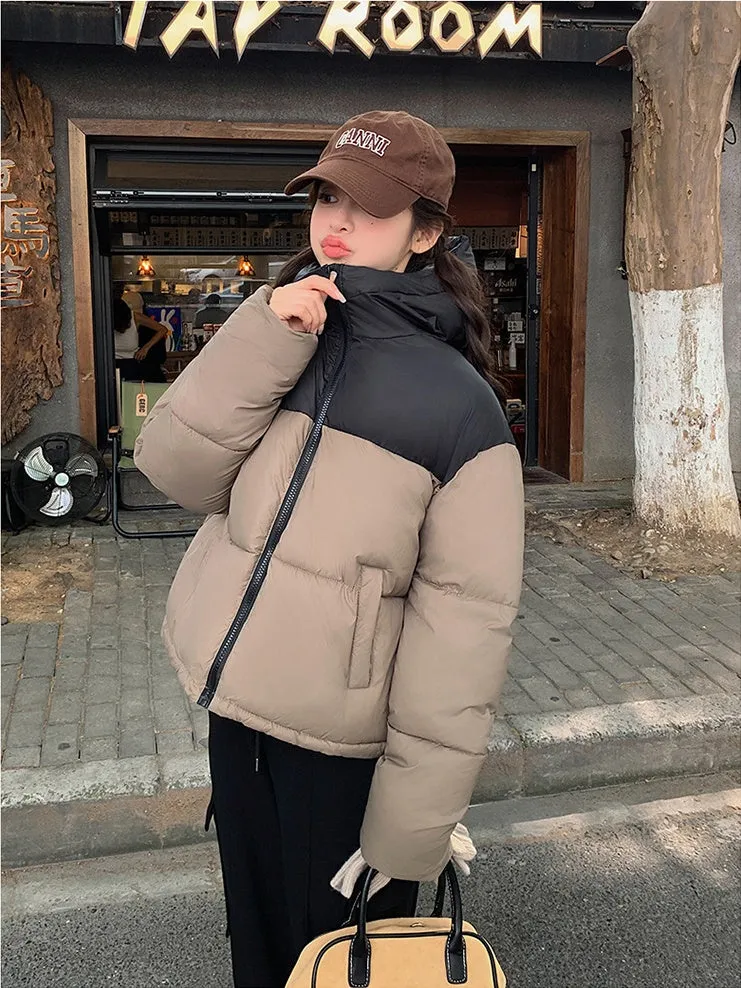 Hooded Water-resistant Puffer Jacket with Patchwork for Women