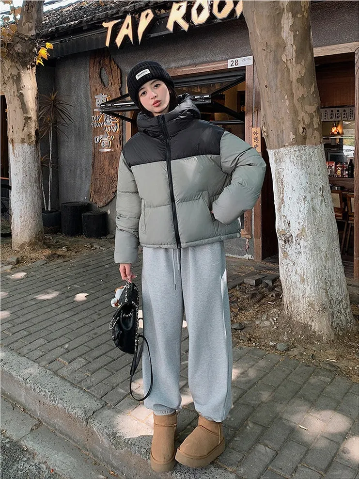 Hooded Water-resistant Puffer Jacket with Patchwork for Women
