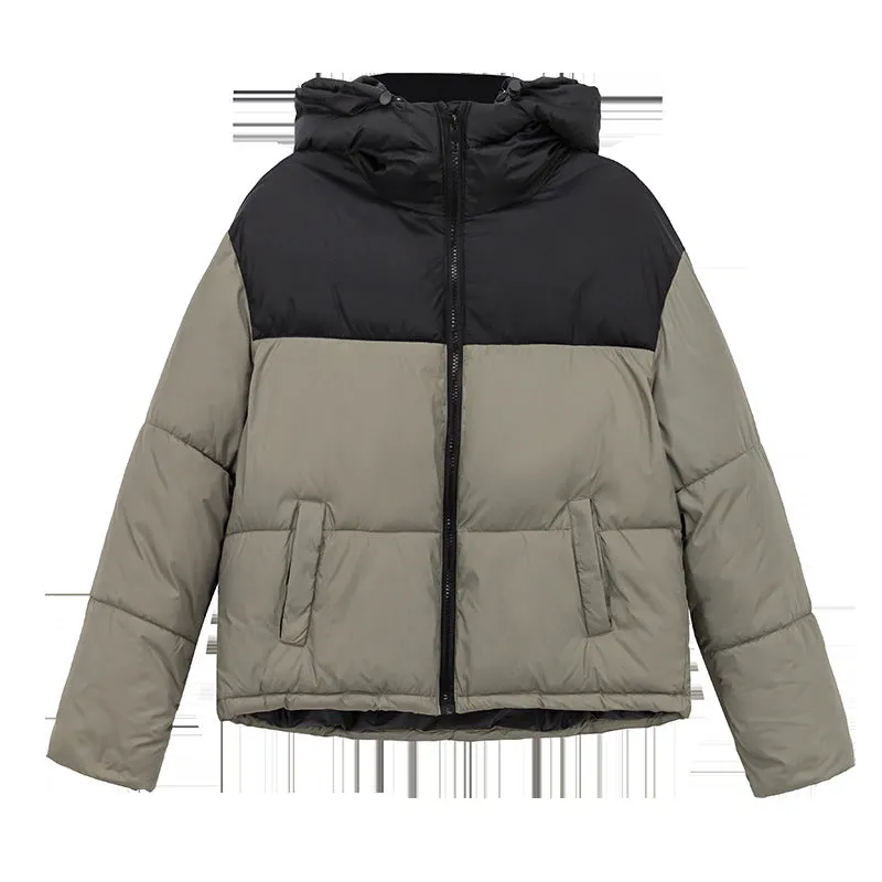 Hooded Water-resistant Puffer Jacket with Patchwork for Women