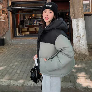 Hooded Water-resistant Puffer Jacket with Patchwork for Women