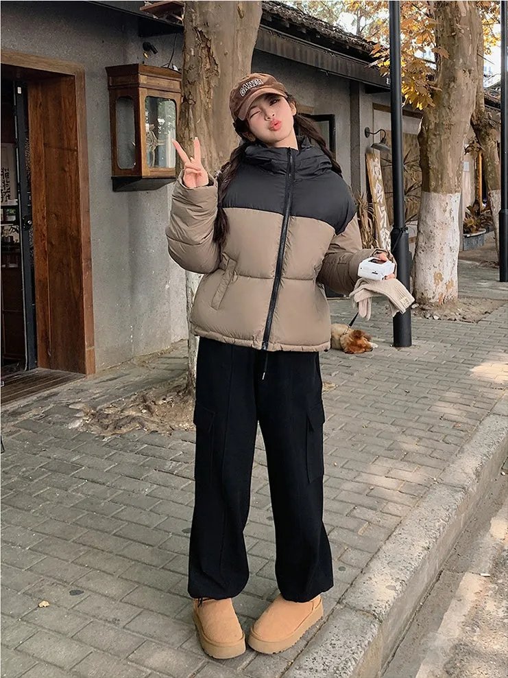 Hooded Water-resistant Puffer Jacket with Patchwork for Women