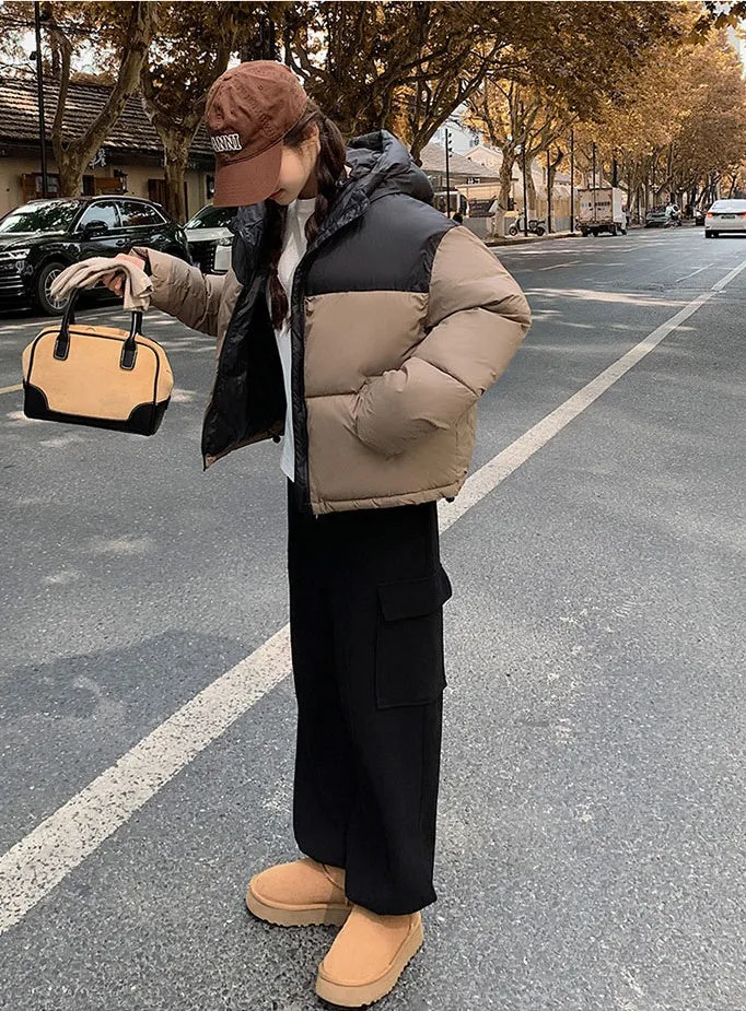 Hooded Water-resistant Puffer Jacket with Patchwork for Women