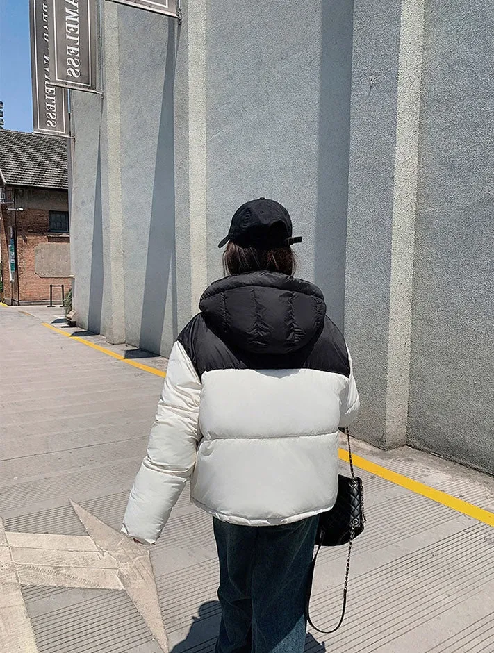 Hooded Water-resistant Puffer Jacket with Patchwork for Women