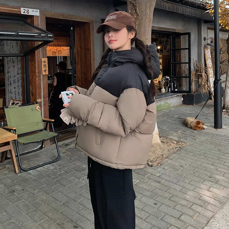 Hooded Water-resistant Puffer Jacket with Patchwork for Women