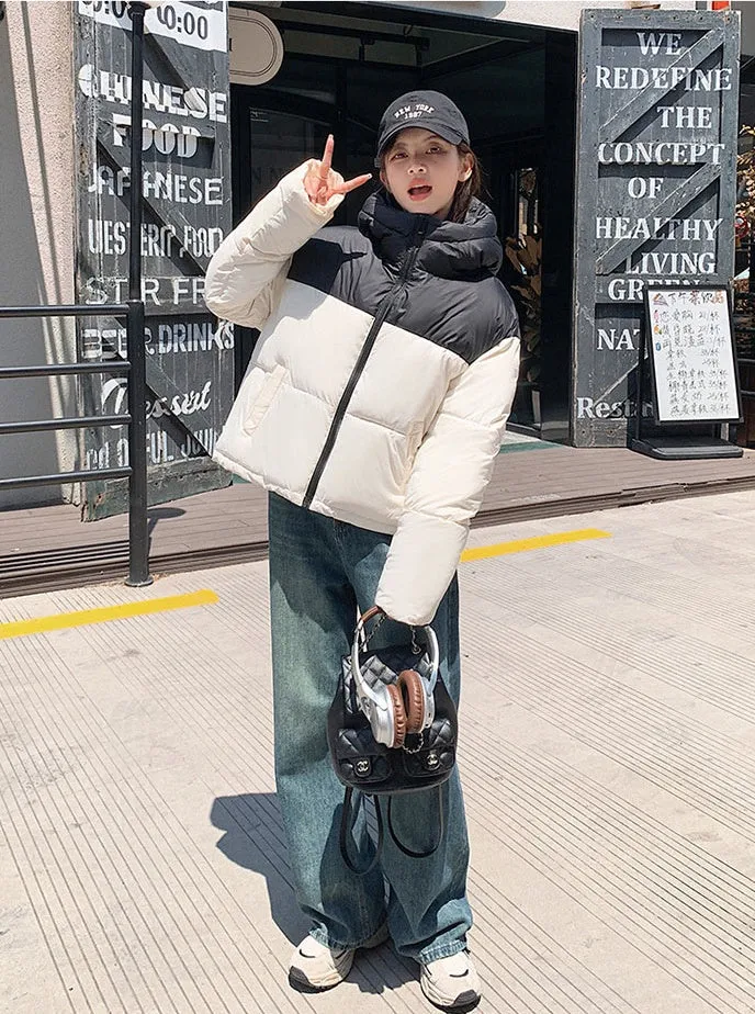 Hooded Water-resistant Puffer Jacket with Patchwork for Women