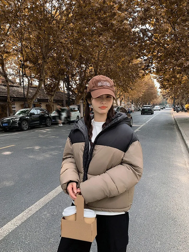 Hooded Water-resistant Puffer Jacket with Patchwork for Women