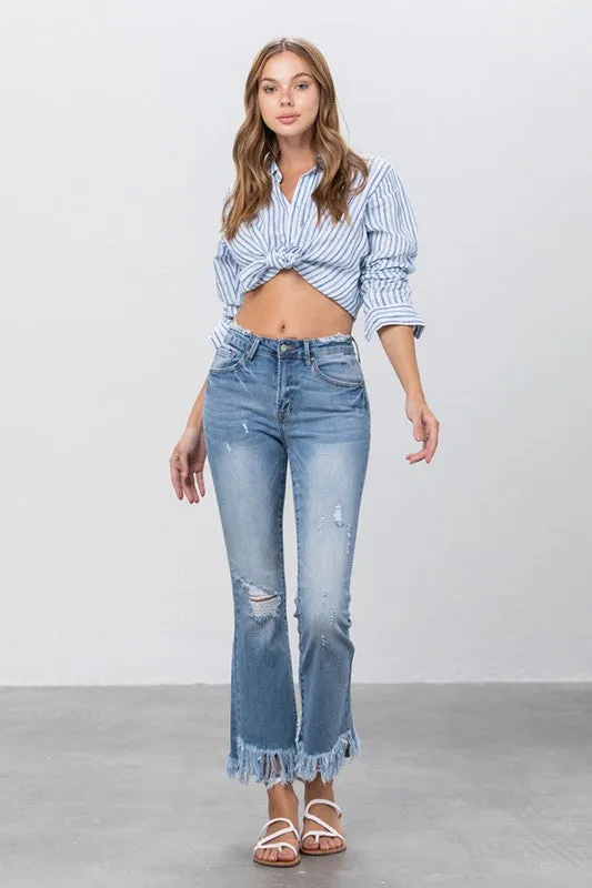 Insane Gene MID RISE LONG BOTTOM FRAYED CROP FLARE Jeans
