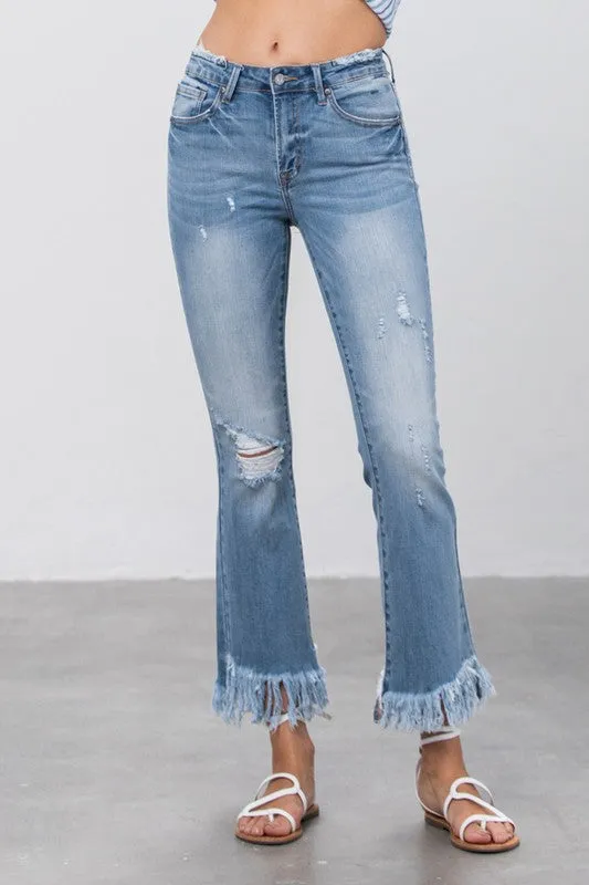 Insane Gene MID RISE LONG BOTTOM FRAYED CROP FLARE Jeans