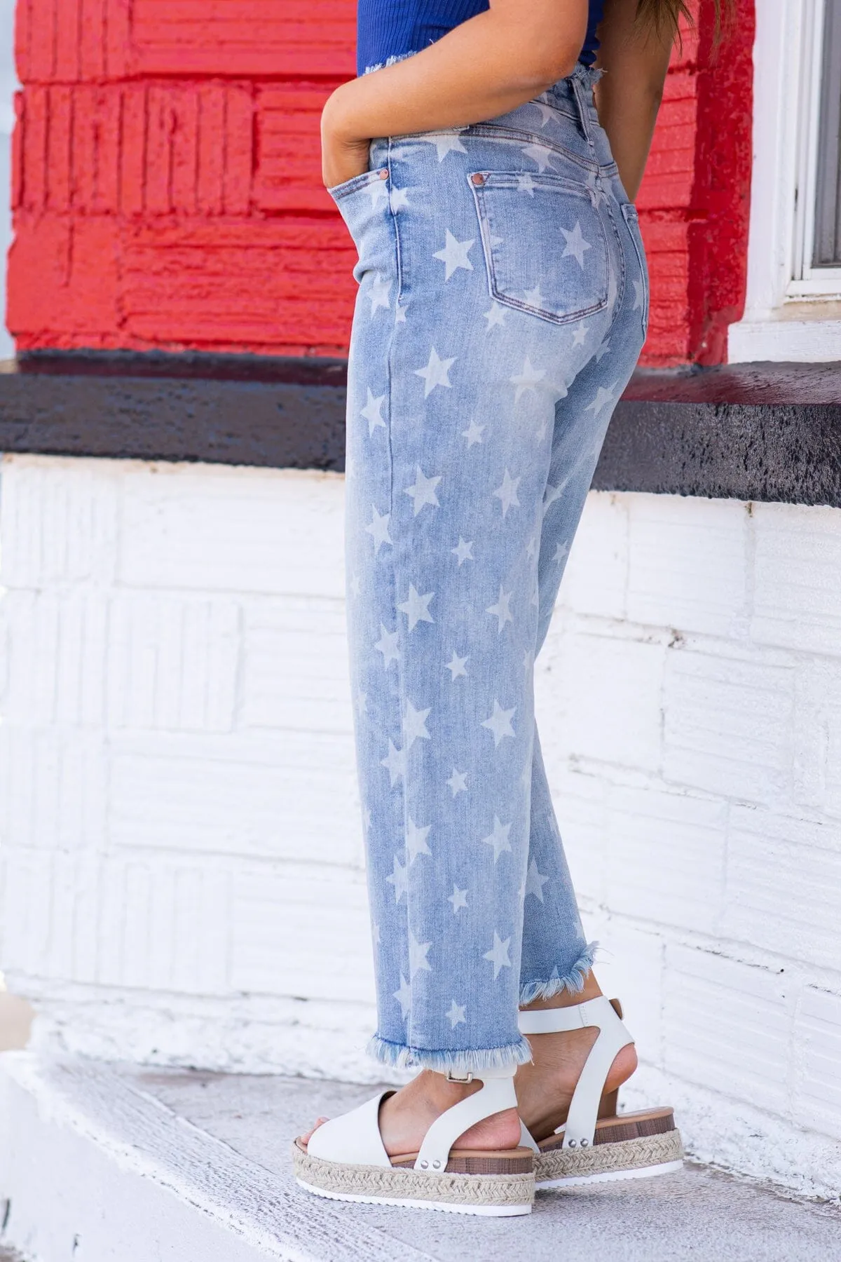 Judy Blue Fray Hem Star Print Jeans