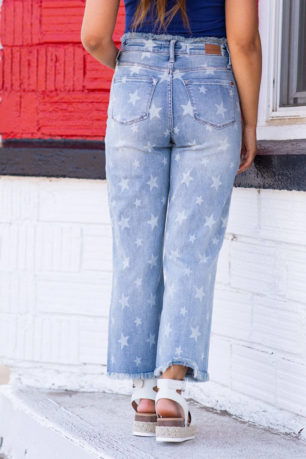 Judy Blue Fray Hem Star Print Jeans